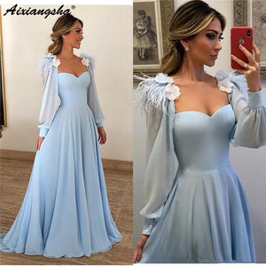 Elegant Light Blue Feather Evening Dress